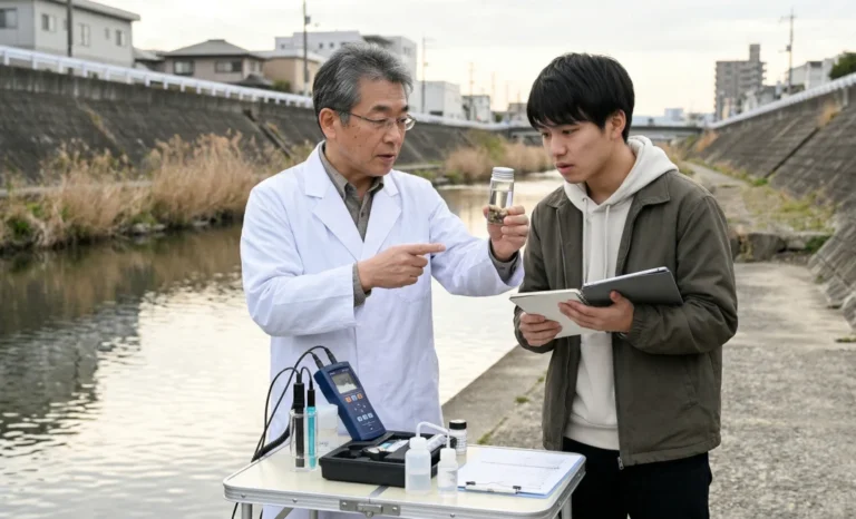 水質チェックしている学生と生徒